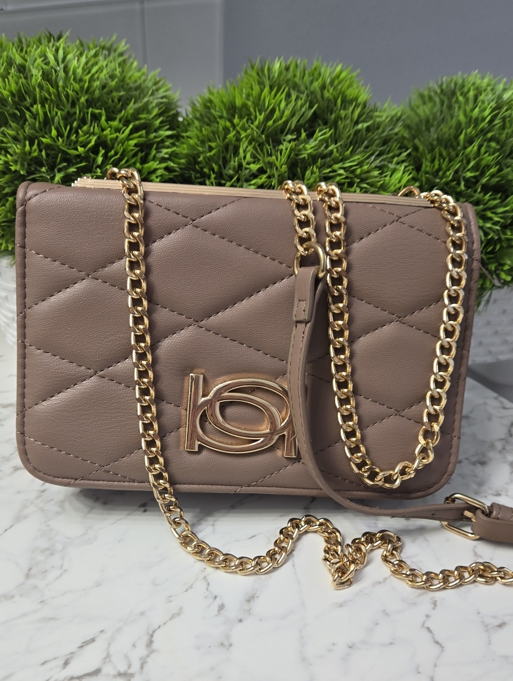 Bebe Quilted Taupe Chain Shoulder Bag with Gold Hardware